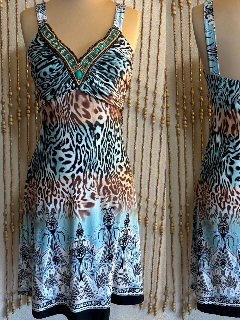 Venus Y2K Style Teal Brown Beaded Embellished V Neck Cheetah Stretchy Tank Dress